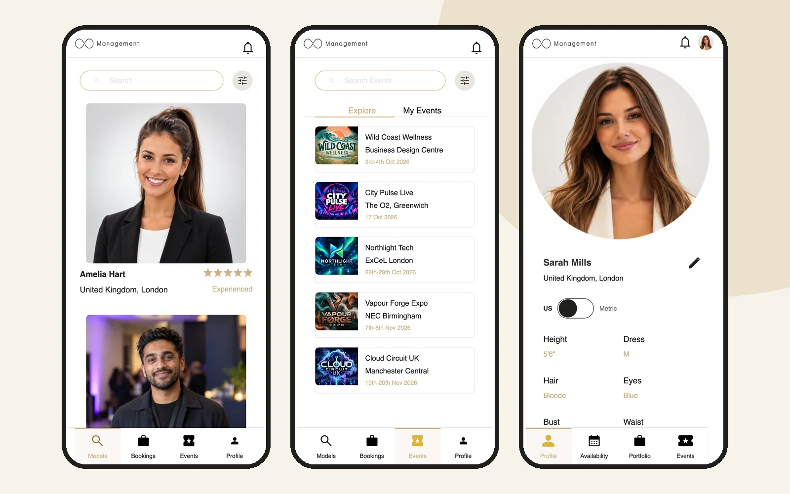 Three phone screens: model search, events list and a model profile