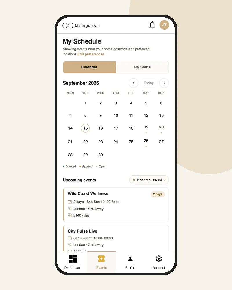 Phone screen showing a monthly calendar and upcoming events with day rates