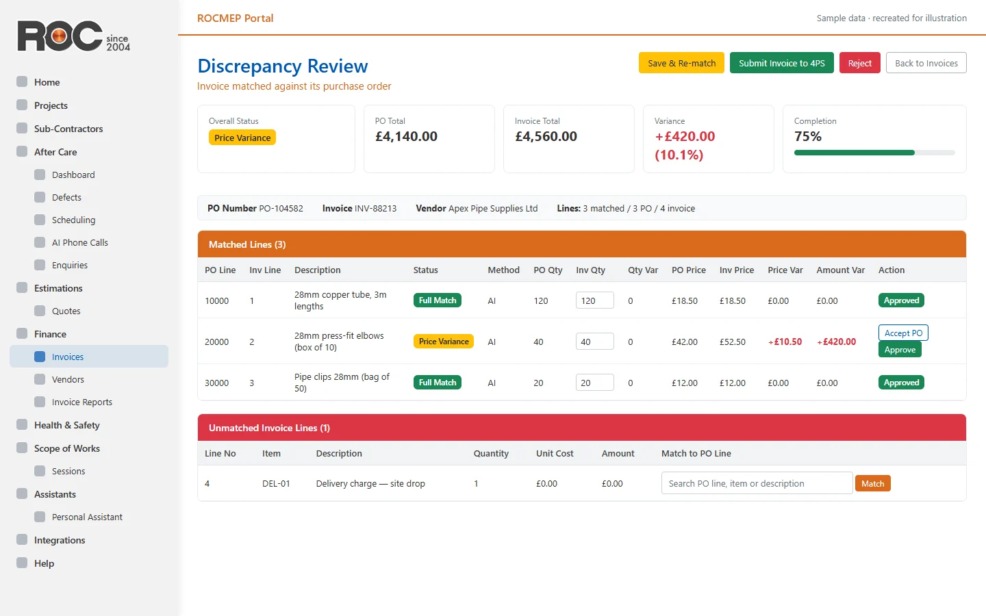Discrepancy review showing PO and invoice totals, variance and matched lines