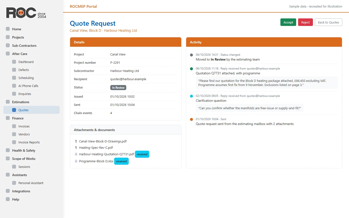 Quote request details with status, attachments and an activity timeline of replies