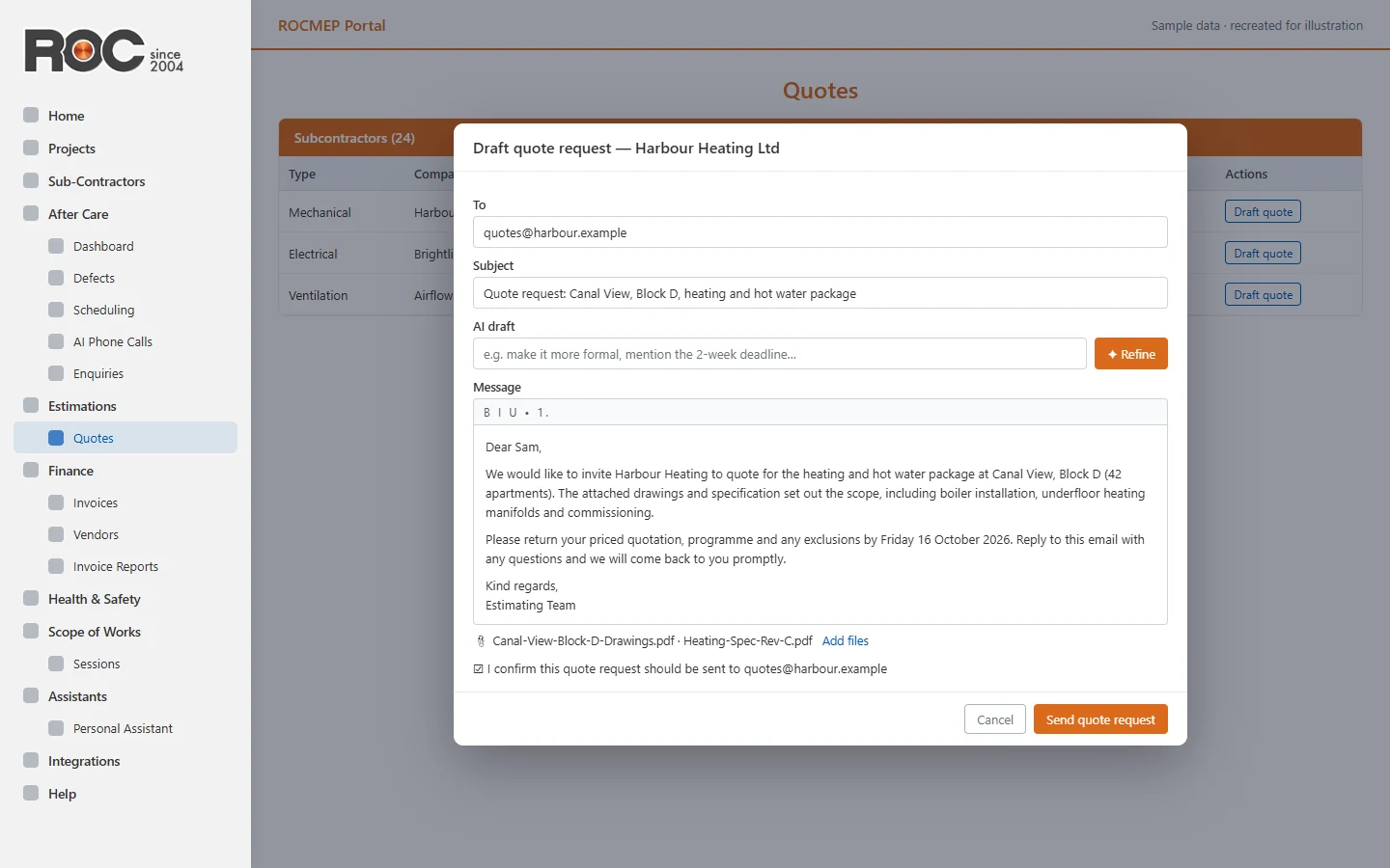 Draft quote request dialog with an AI refine instruction, message editor and attachments