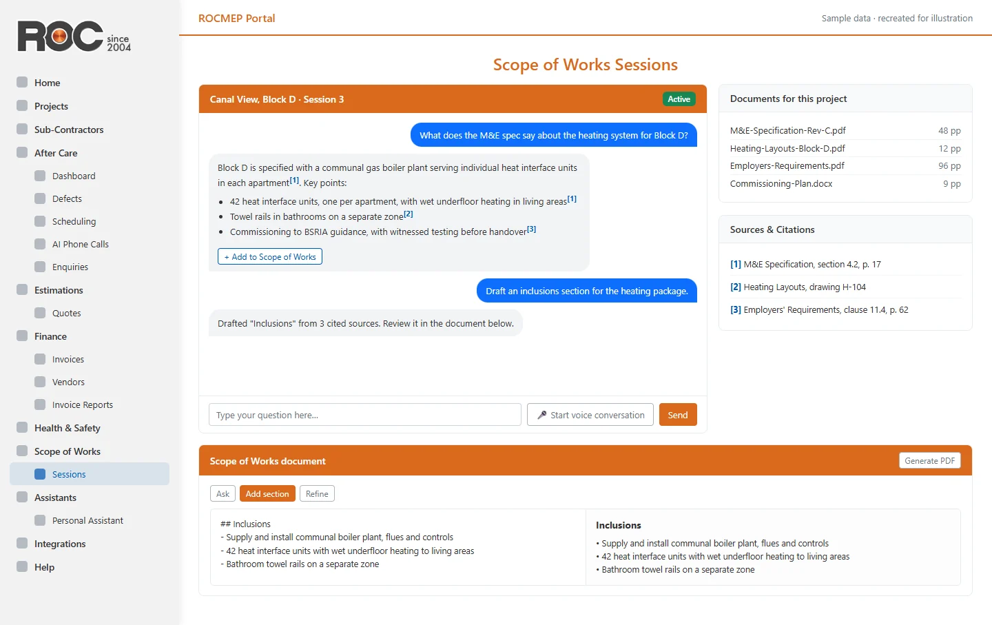 Scope of works session with chat, cited sources, project documents and a document editor