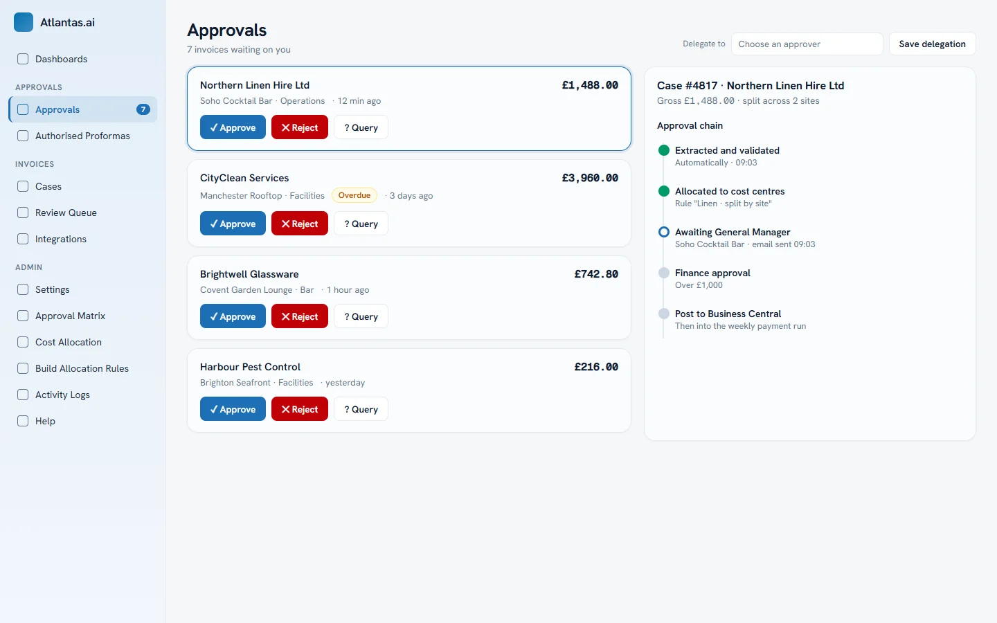 Approvals list with approve, reject and query buttons and an approval-chain panel