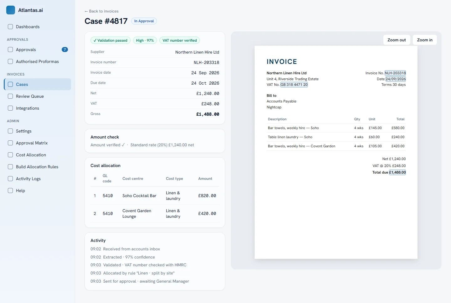 Invoice case with extracted fields, validation chips, cost allocation table and the original PDF