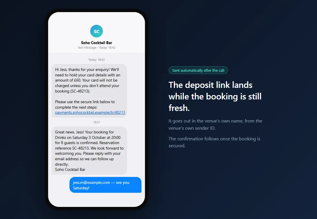 Phone showing a deposit-link text and a booking confirmation from a cocktail bar