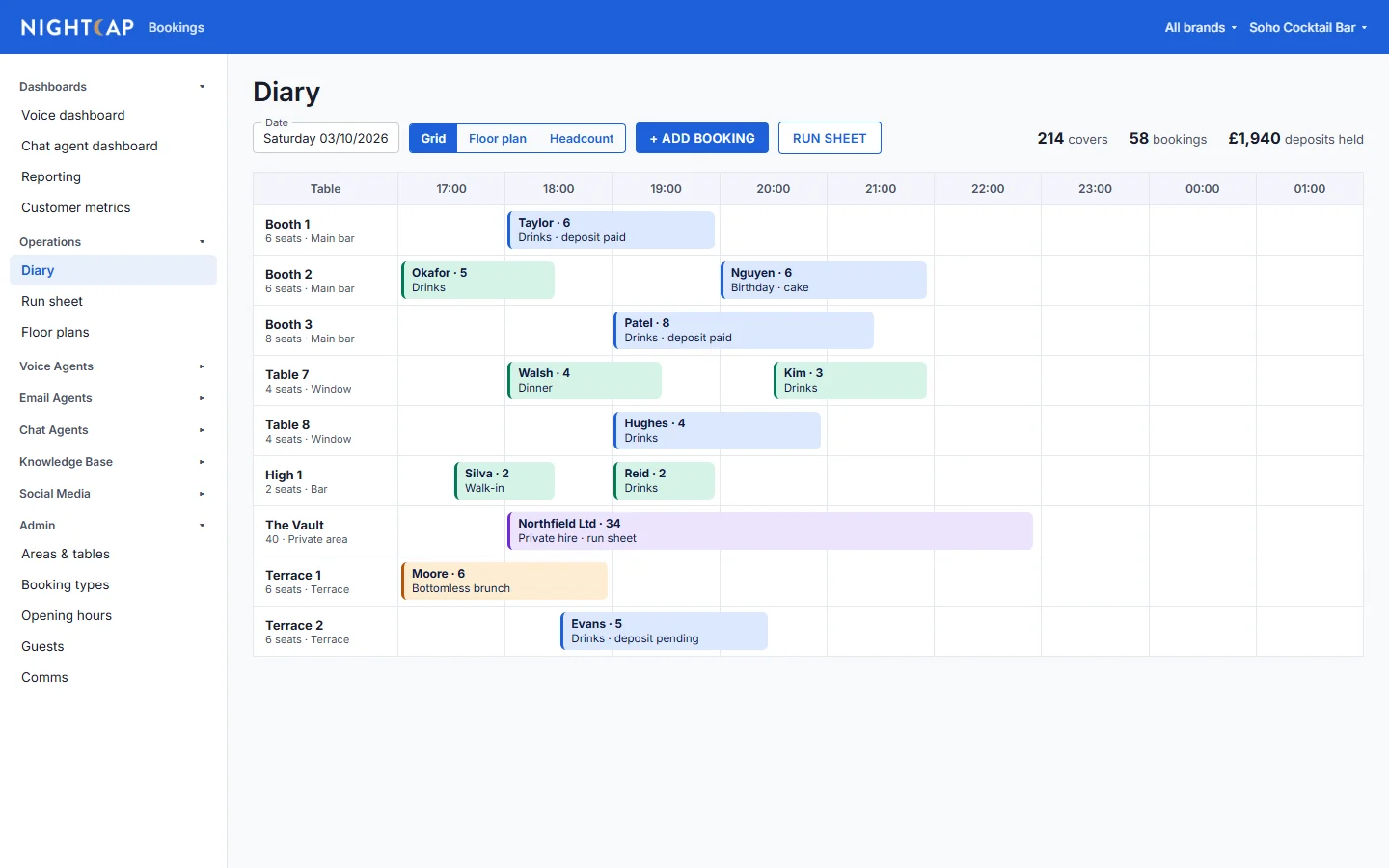 Diary grid with tables and colour-coded bookings