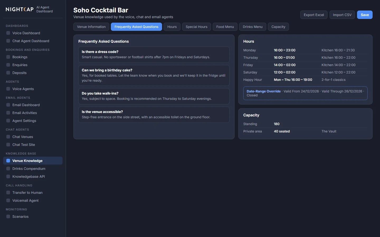 Venue knowledge editor with FAQs, hours and an override