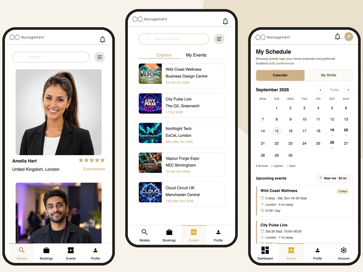 Three phone screens from the 8mgmt app: model search, events and a staff schedule