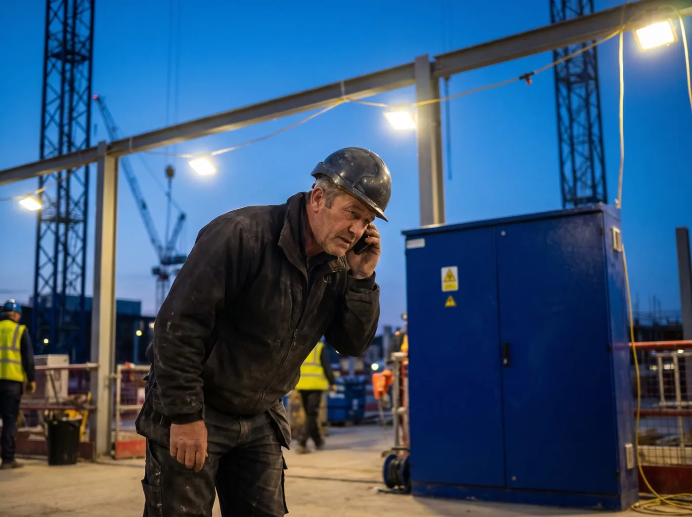 Site engineer taking a phone call at night beside an electrical cabinet
