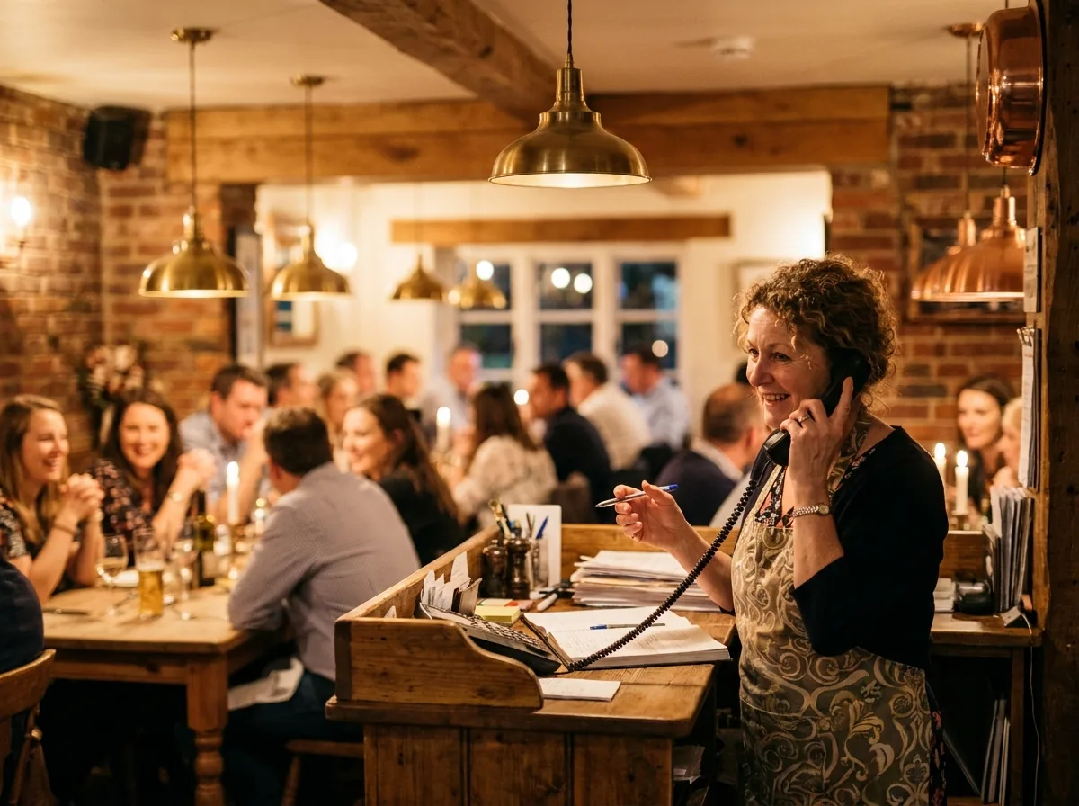 Bar manager taking a booking on the phone in a busy restaurant