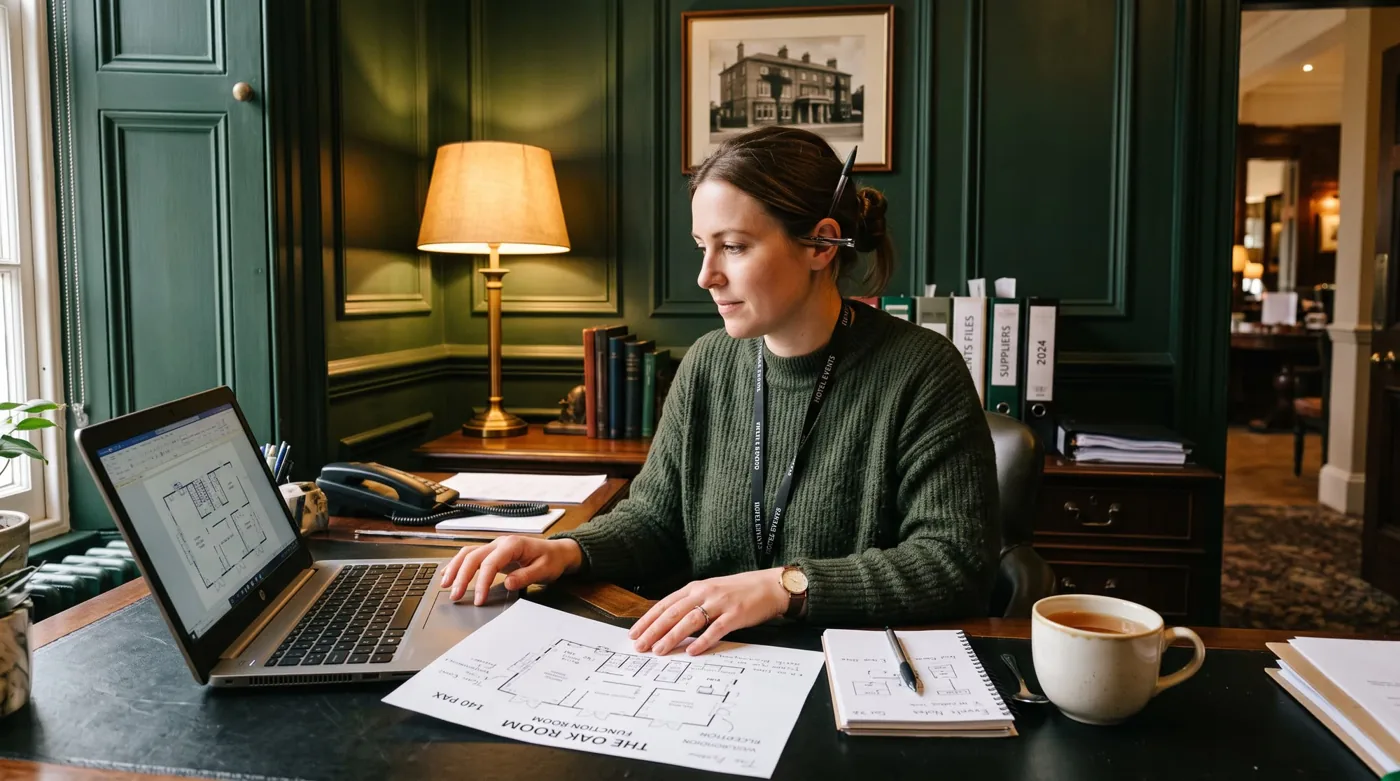 Manager at a desk with a laptop and plans in a wood-panelled office