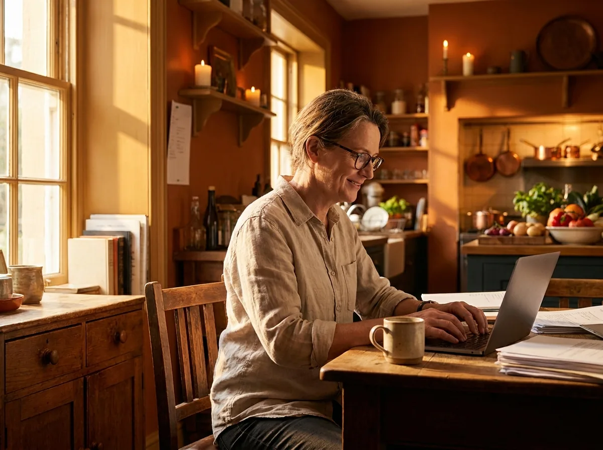 Woman working through emails on a laptop at a kitchen table