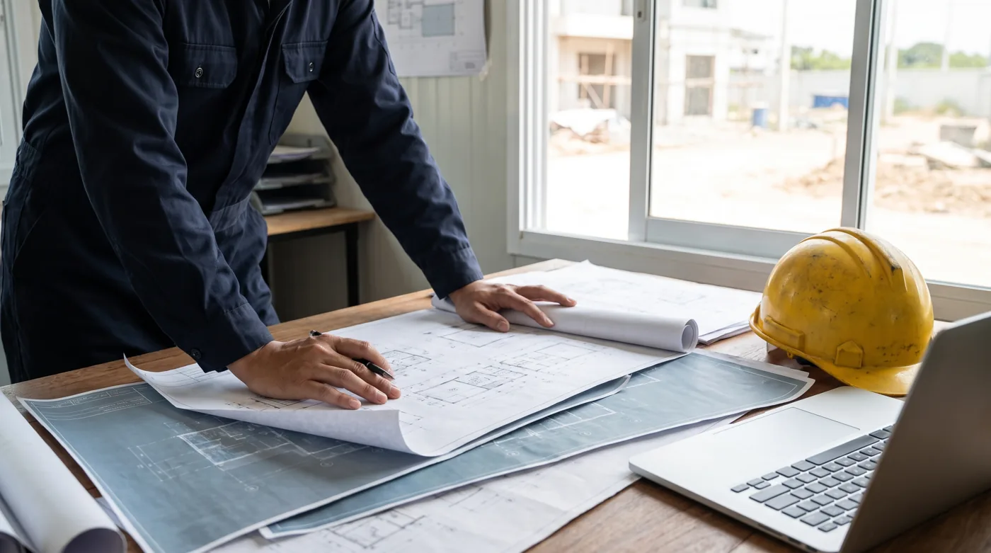 Engineer leaning over drawings in a site office, hard hat on the desk