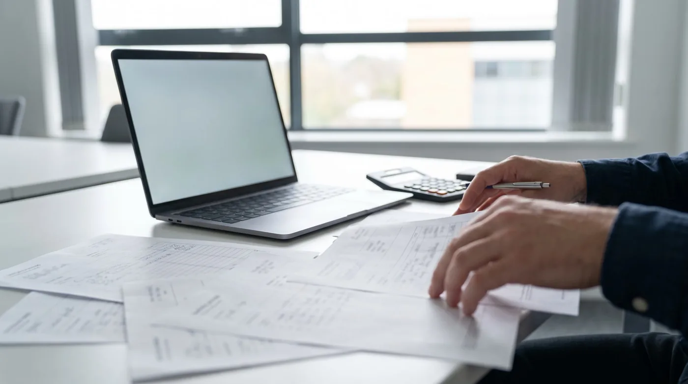 Hands working through printed invoices beside a laptop