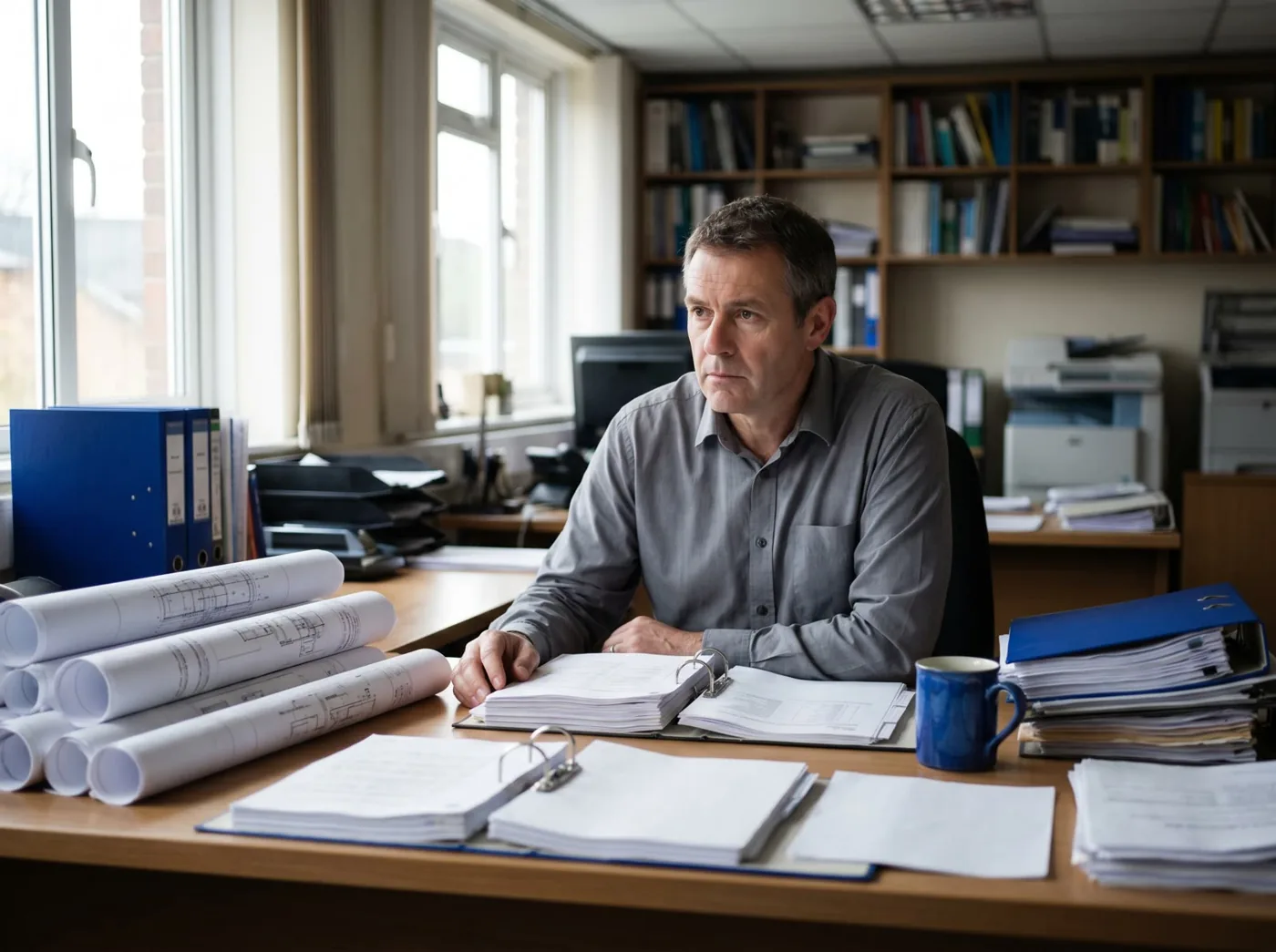 Estimator at a desk surrounded by drawings and specifications