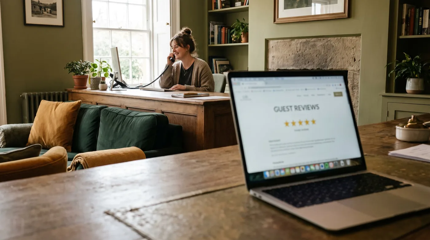 Laptop showing guest reviews on a desk