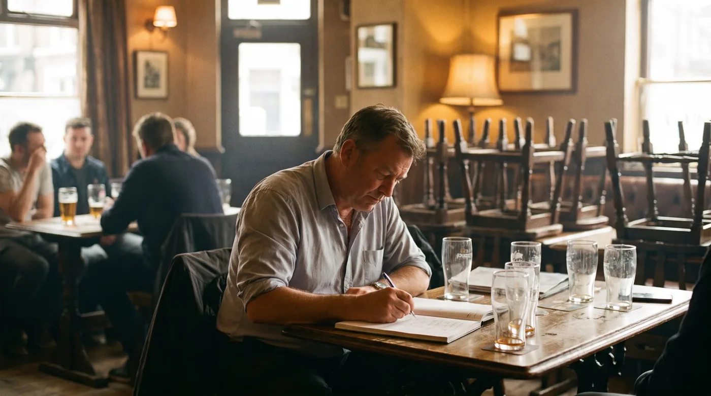 Bar manager planning the week's schedule at an empty table