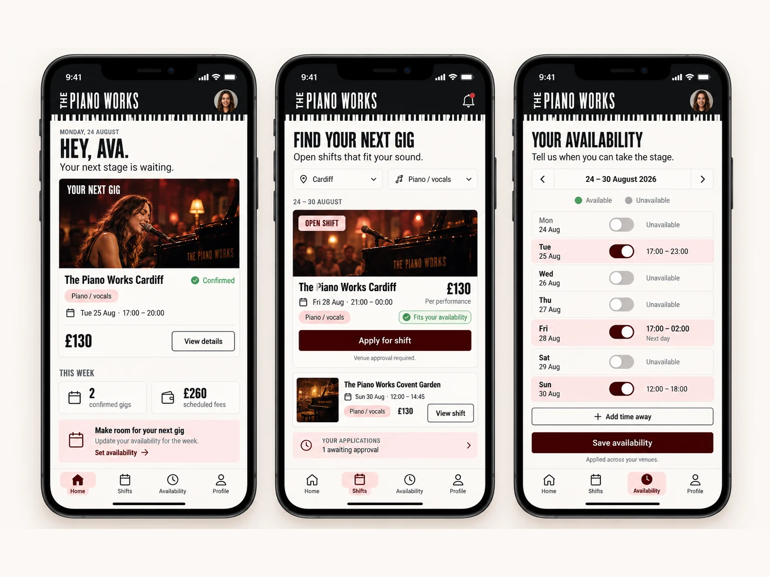 The Piano Works app on three phones: a performer's next gig, open shifts and availability