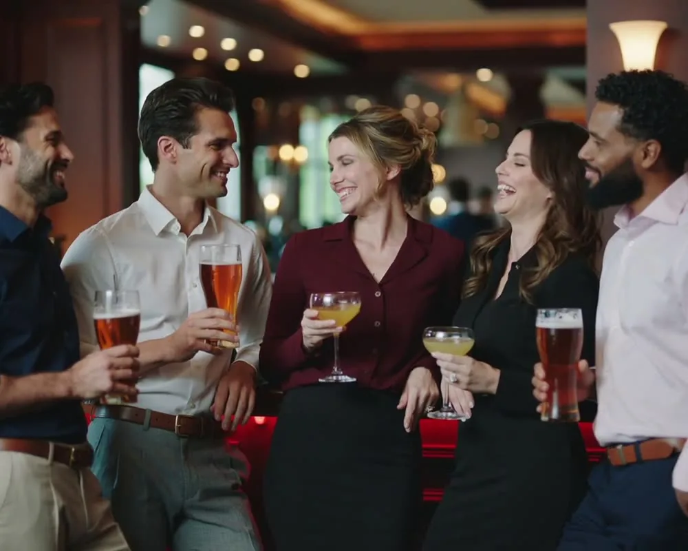 Friends raising drinks at a busy cocktail bar
