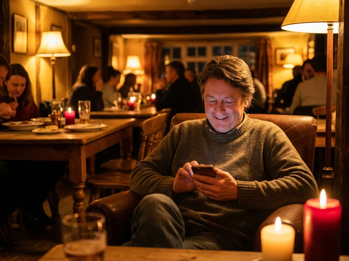 Man smiling at his phone in a candlelit pub