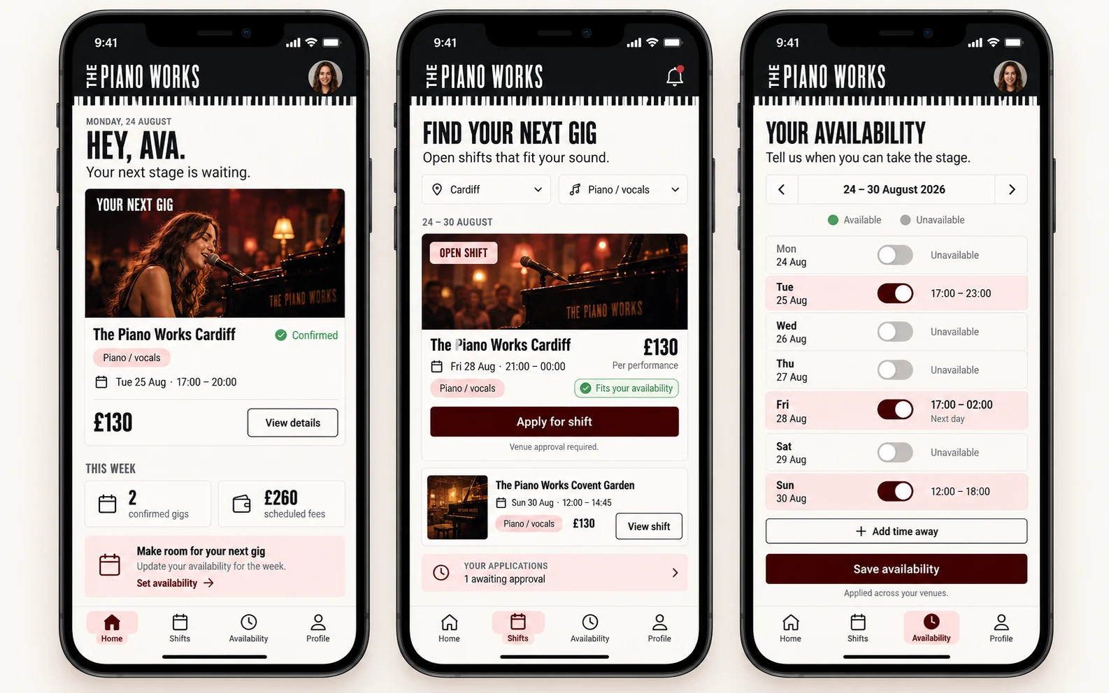 Three phone screens: next gig, open shifts and weekly availability