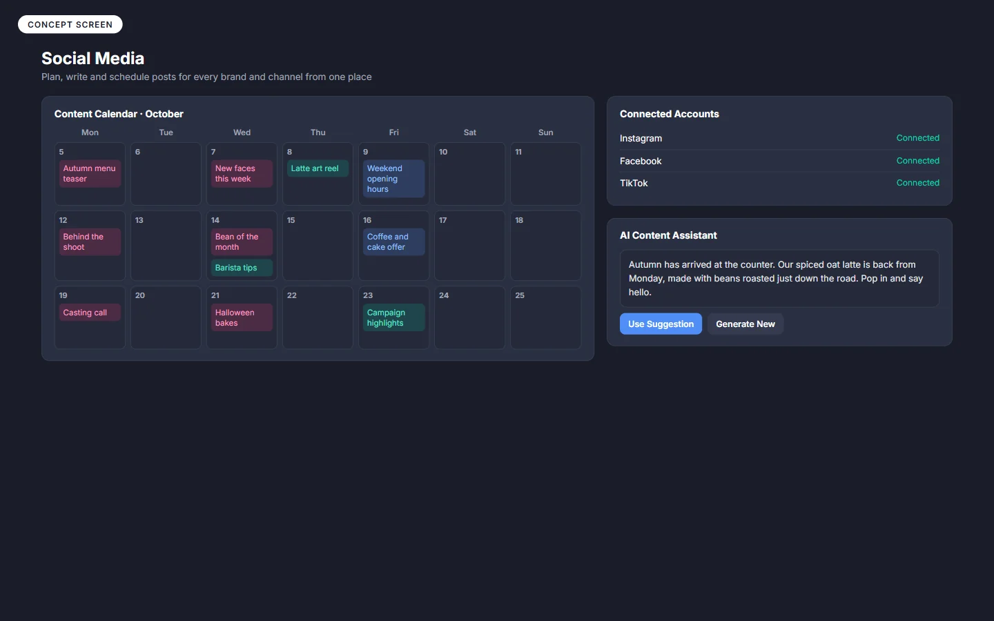 Concept of a content calendar and an AI post draft