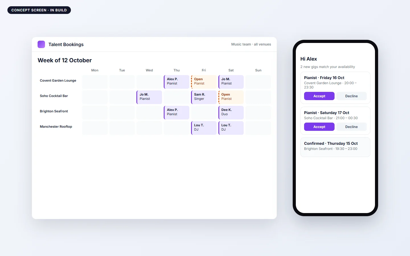Concept of a weekly talent schedule and a performer app