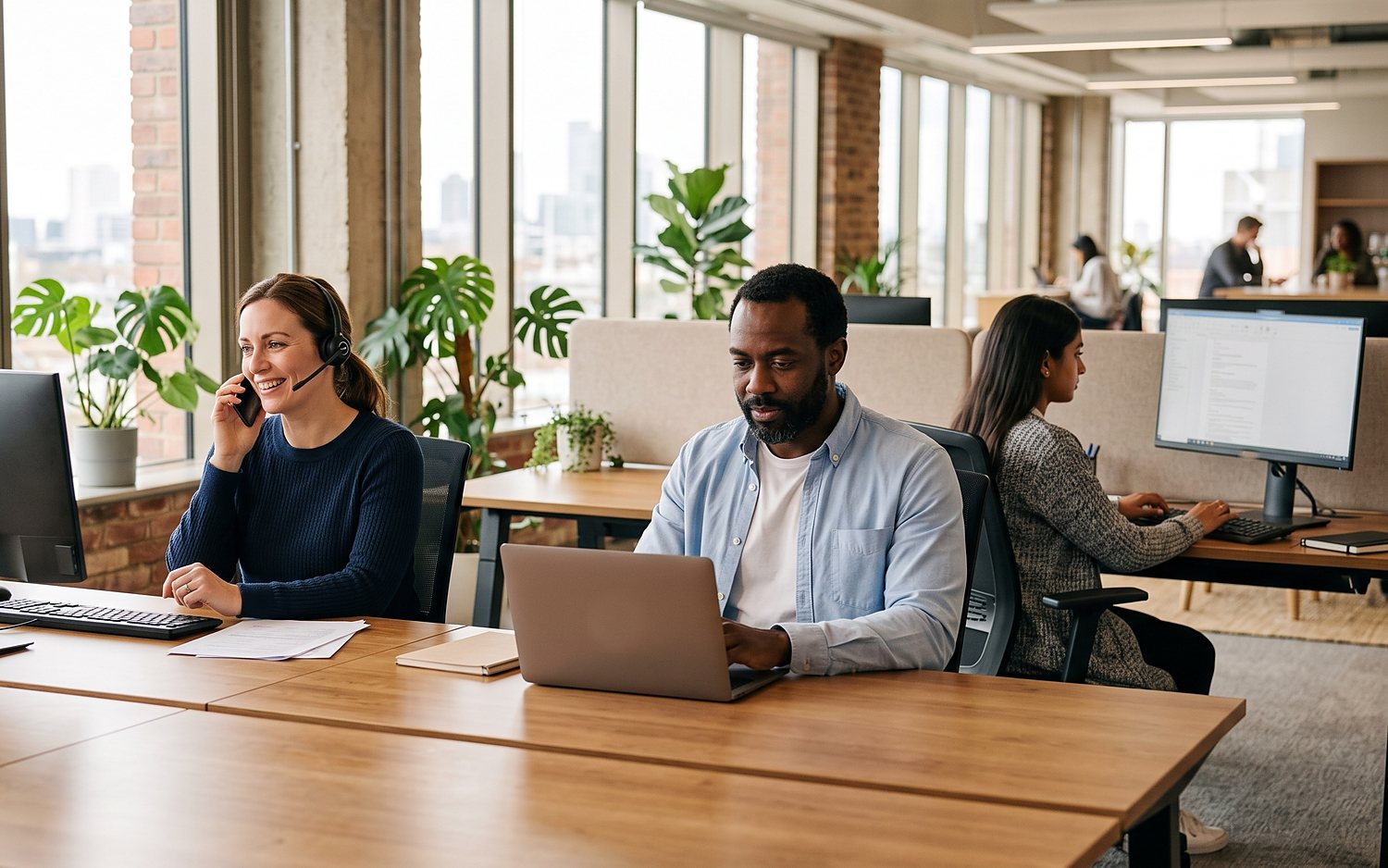 Three colleagues working side by side at their desks in a bright open-plan office.