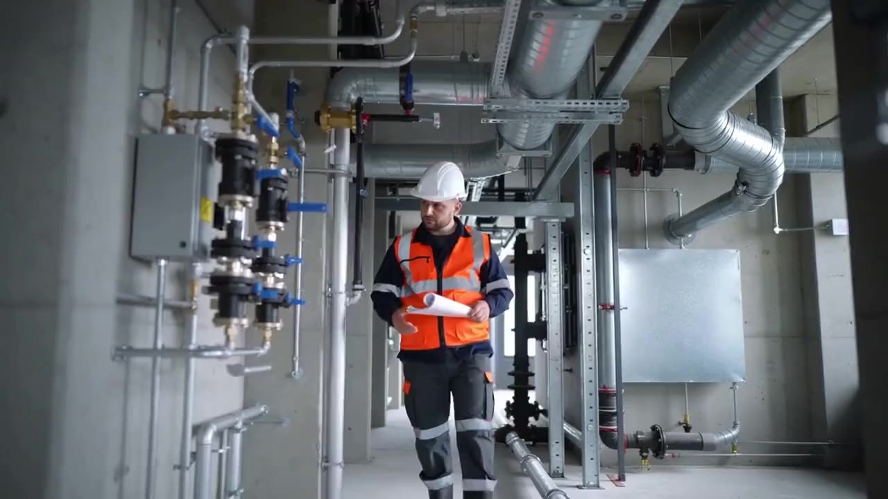 A site engineer in a hard hat and hi-vis reviewing plans in a plant room.