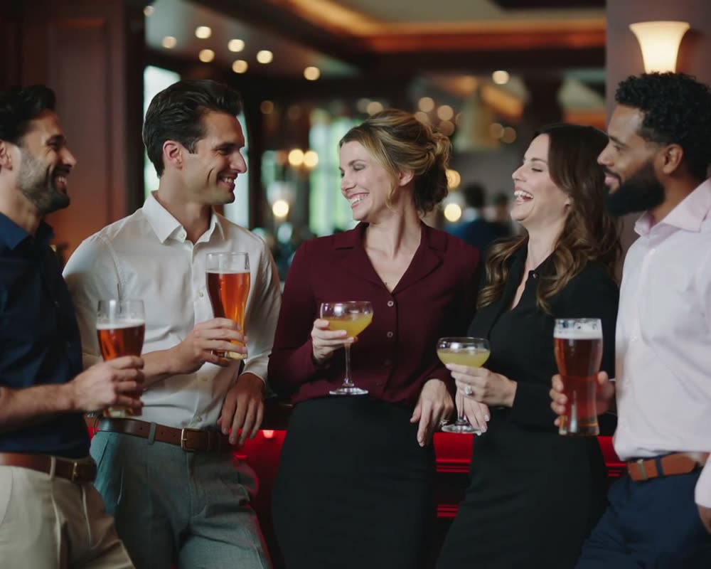 Friends enjoying drinks together at a busy bar.
