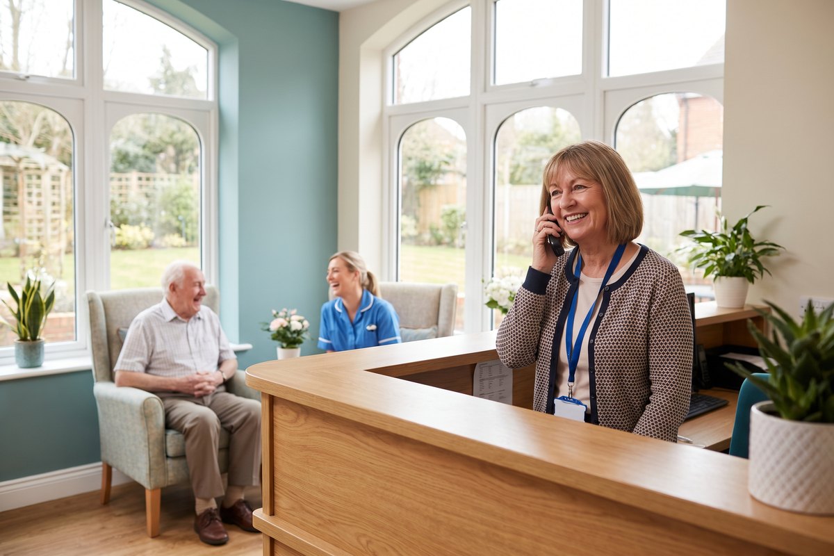 A care home manager taking a phone call at a bright reception desk, with a resident and a carer chatting behind her.