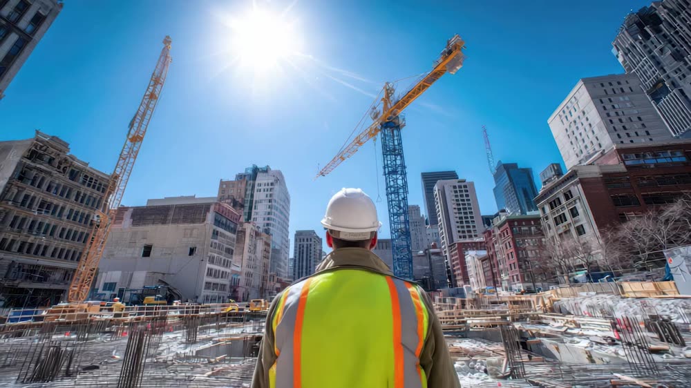 A construction site with tower cranes and a worker in hi-vis.