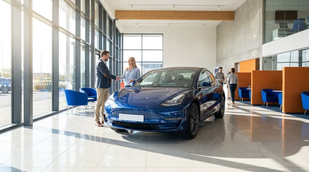 A customer viewing a new car with a salesperson in a showroom.