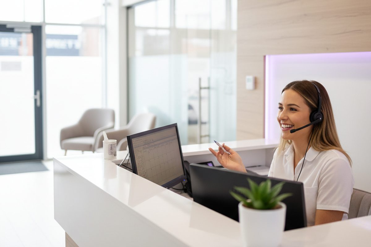 A dental practice receptionist taking a call at the front desk.