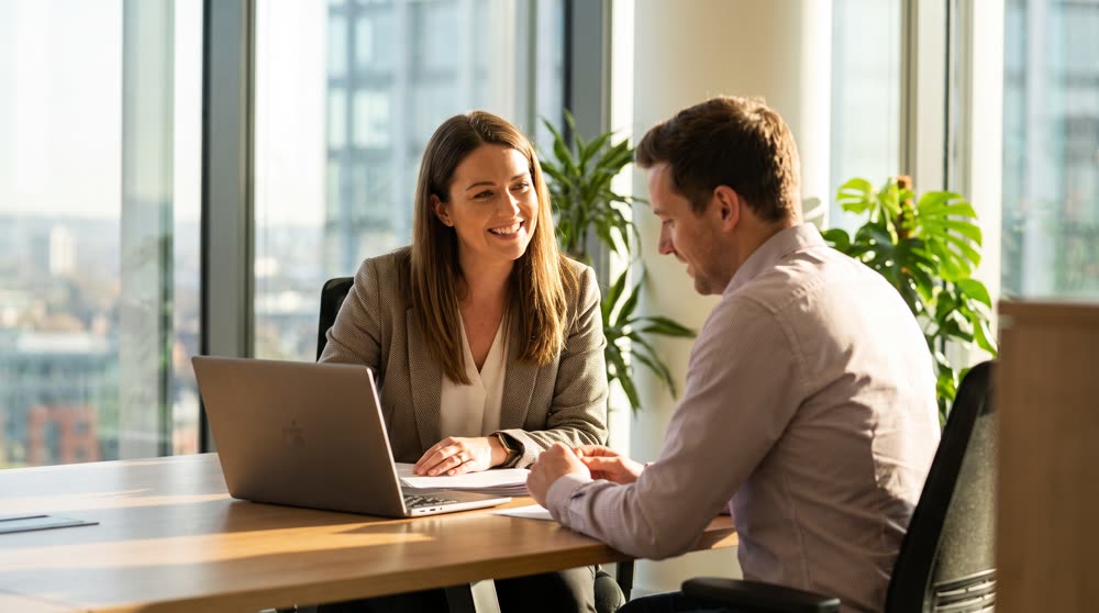A financial adviser reviewing figures with a client at a desk.