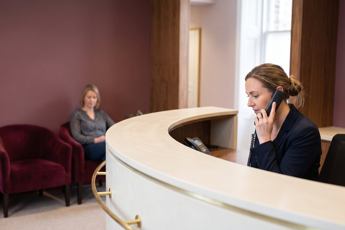 A GP practice receptionist answering the phone at the front desk, with a patient waiting behind.