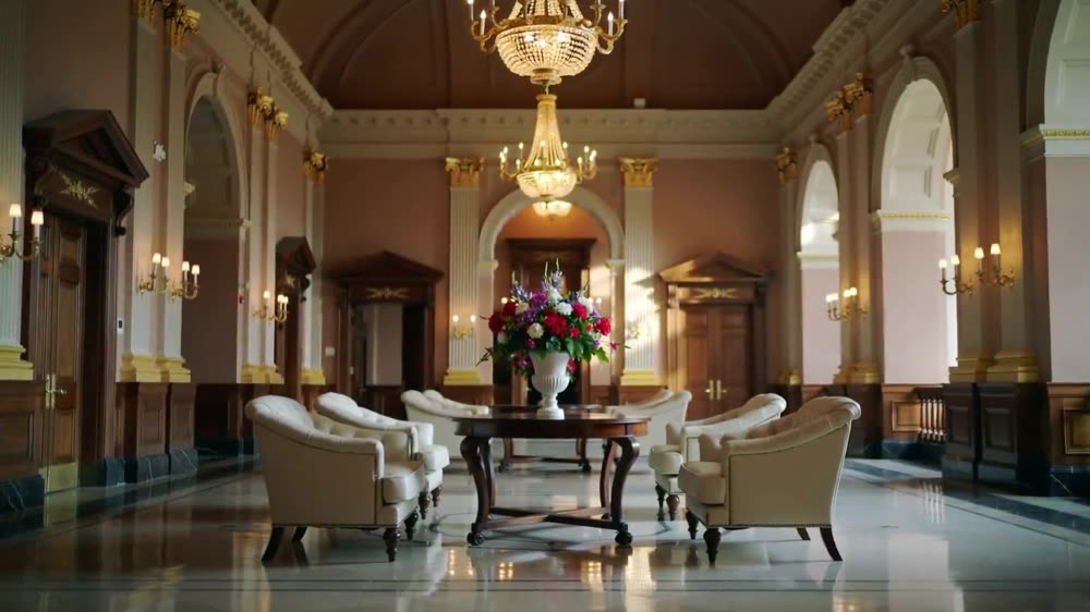 A grand hotel lounge ready to welcome guests.