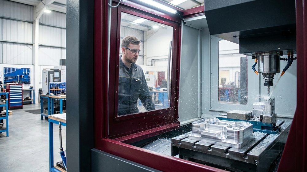 A machinist watching a CNC milling machine cut a metal part in a factory.