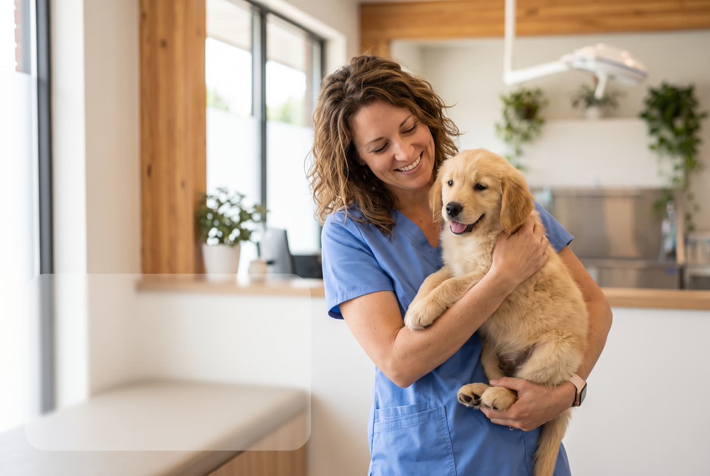 A smiling vet in scrubs holding a small dog at a clinic.