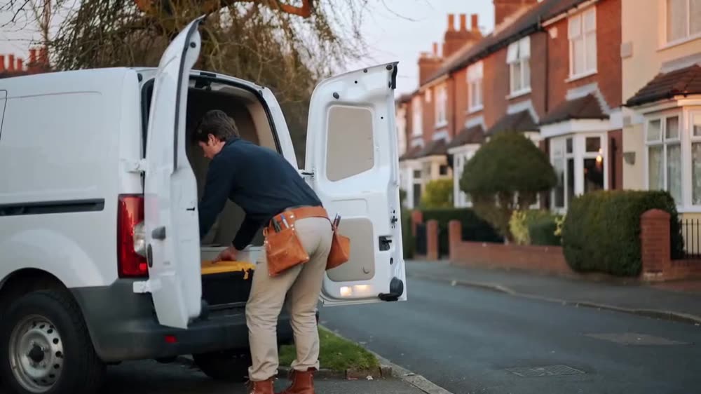 A tradesperson loading a work van outside a house.